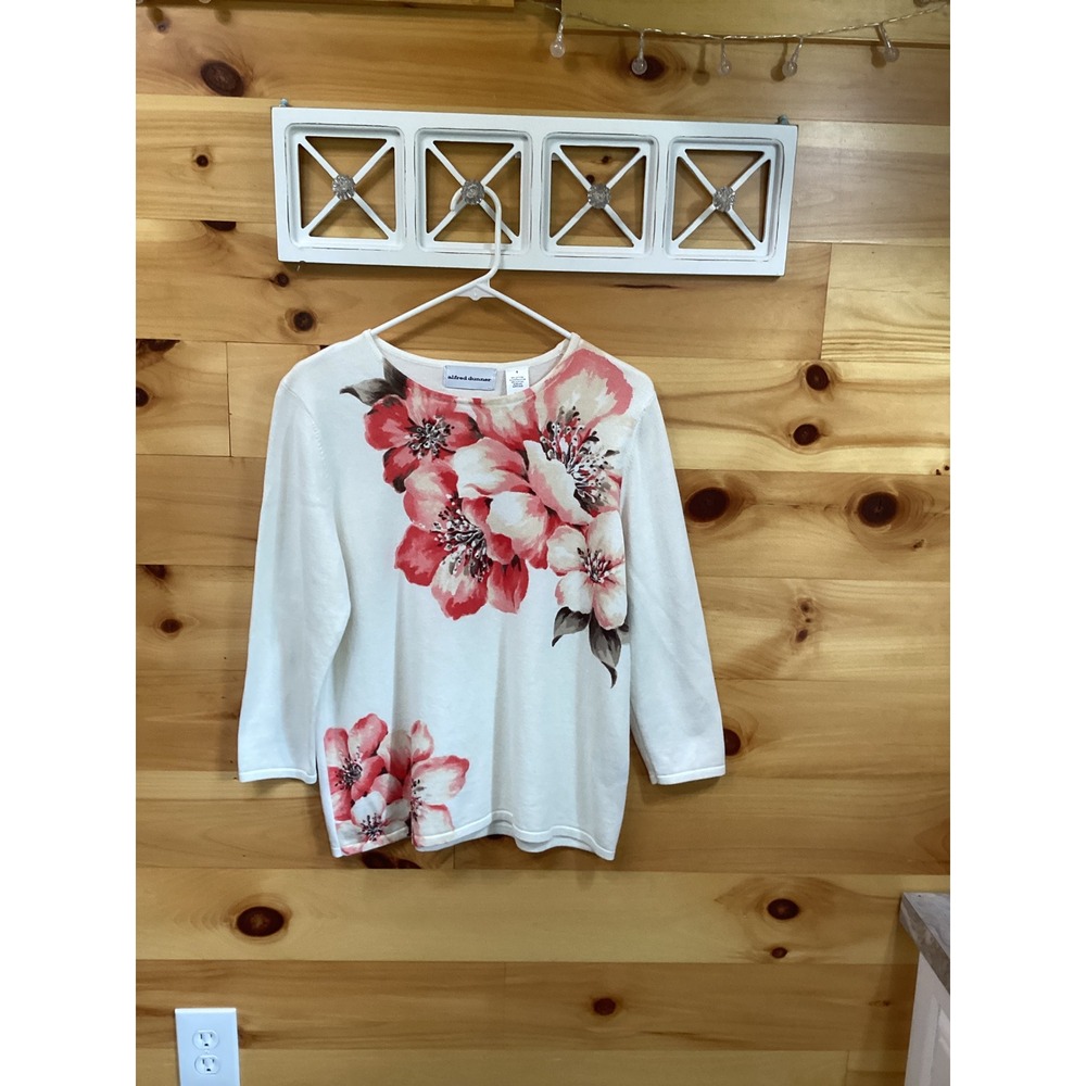 Alfred Dunner Womens Floral Sequin Knit Sweater 3/4 Sleeve Off White Red Size S